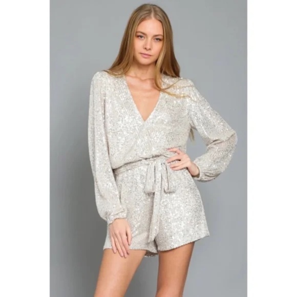 Silver Metallic Sparkling Sequin Long Sleeve Holiday Cocktail Party Romper - Picture 2 of 4